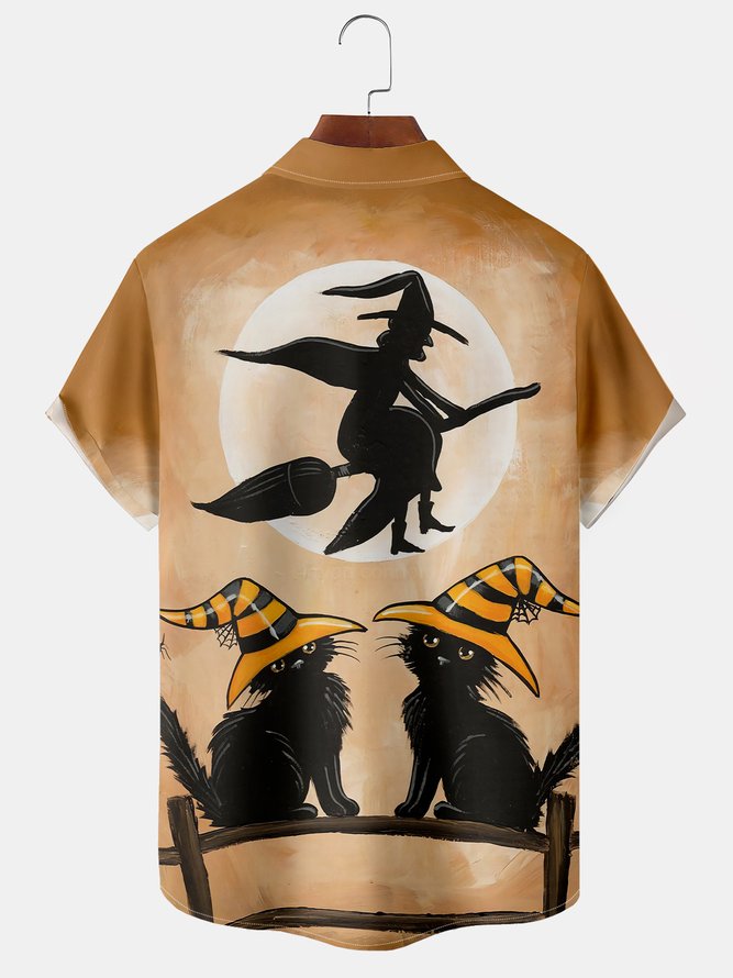 Men's Halloween Retro Cat and Witch Print Casual Breathable Short Sleeve Shirt