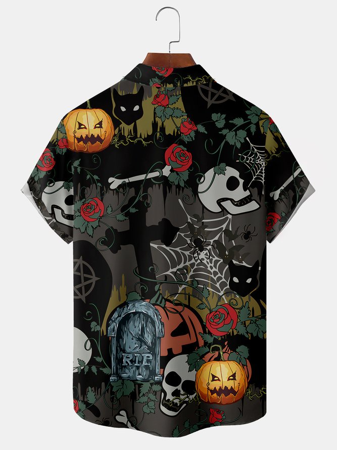 Men's Halloween Vintage Pumpkin and Skull Print Casual Breathable Short Sleeve Shirt