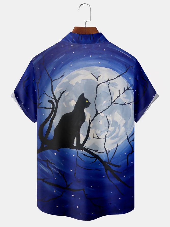 Men's Halloween Retro Geometric Cat Print Casual Breathable Short Sleeve Shirt