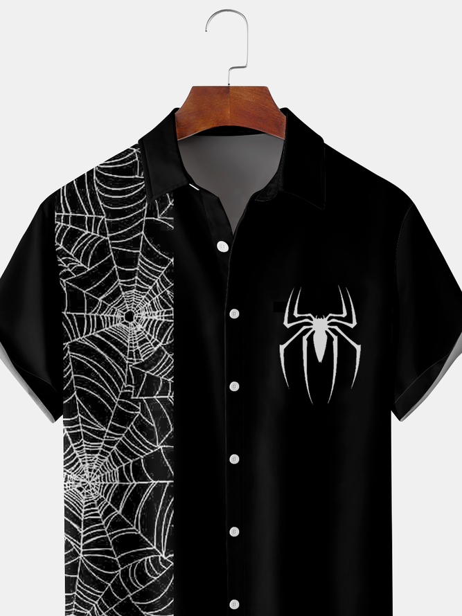 Mens Halloween Spider Print Front Buttons Soft Breathable Casual Hawaiian Shirts