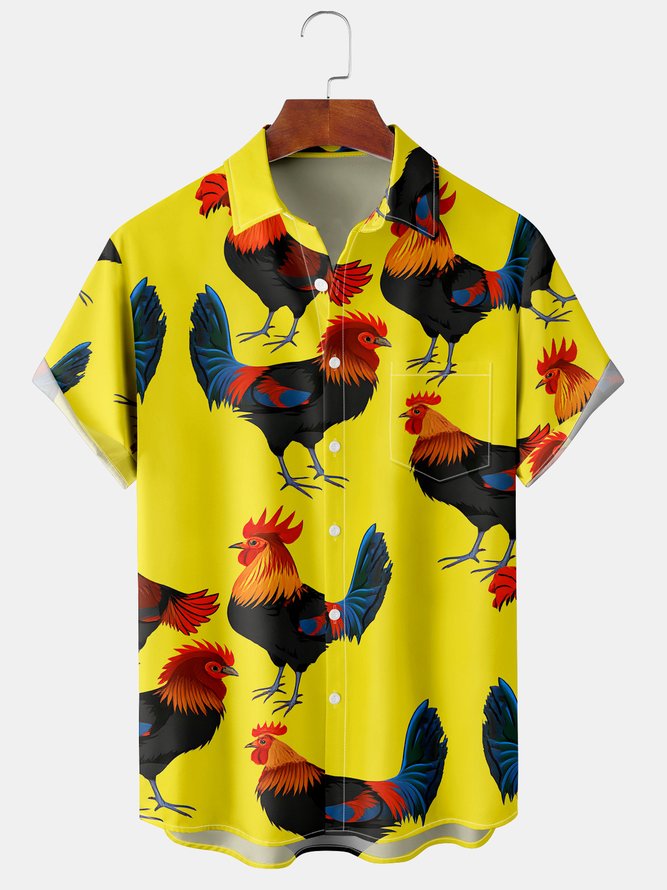 Mens Cock Print Front Buttons Soft Breathable Chest Pocket Casual Hawaiian Shirts
