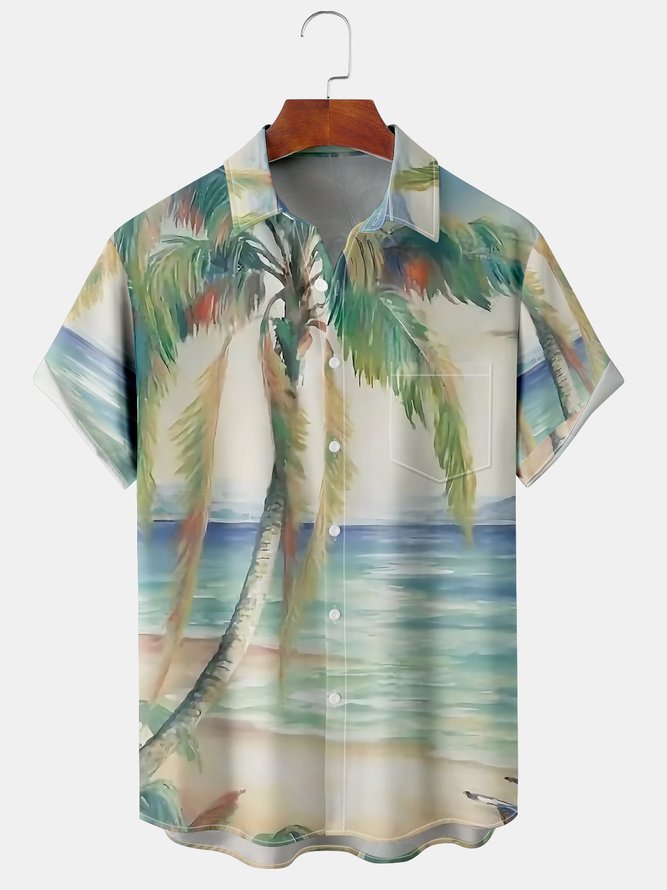 Men's Coconut Tree Print Casual Short Sleeve Shirt with Chest Pocket