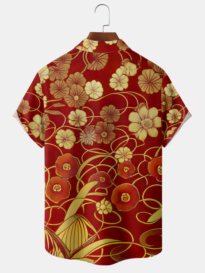 Mens Japanese Ukiyoe Floral Print Front Buttons Soft Breathable Chest Pocket Casual Hawaiian Shirts