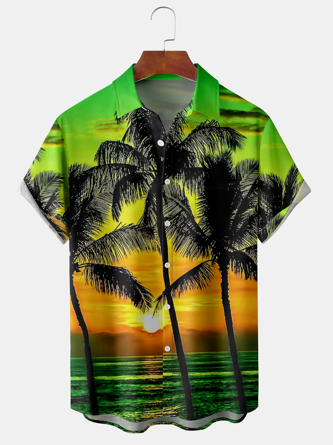 Holiday Style Hawaii Series Gradient Plant Leaves Coconut Tree Element Pattern Lapel Short-Sleeved  Print Top