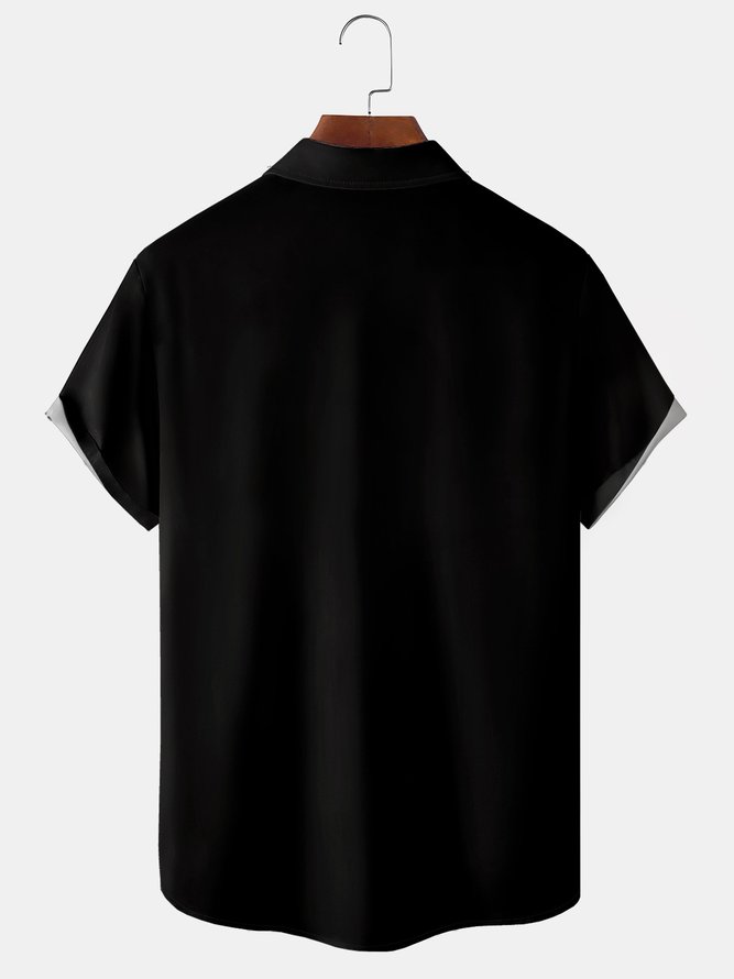 Men's Halloween Black Cat and Pumpkin Print Casual Breathable Short Sleeve Shirt