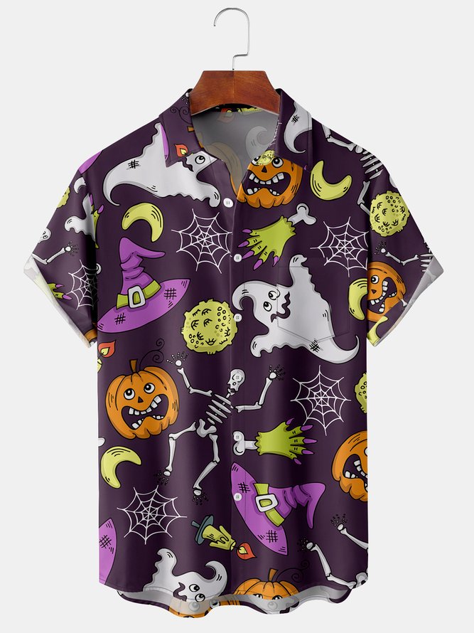 Men's Halloween Pumpkin and Skull and Hat Print Casual Breathable Short Sleeve Shirt