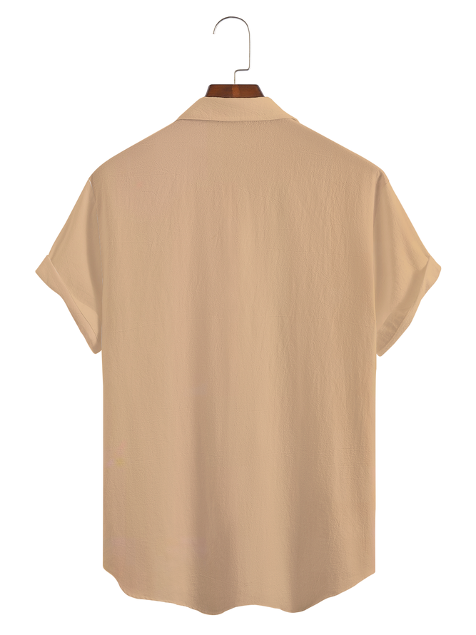 Cotton Linen Style Geometric Color Block Music Guitar Print Men's Cotton Linen Short Sleeve Shirt