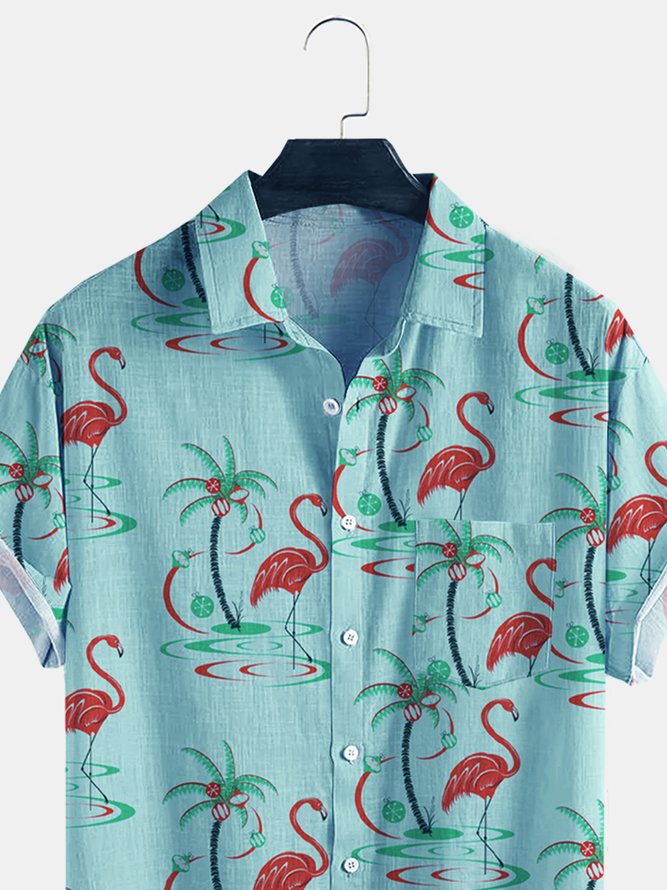 Cotton Linen Flamingo Print Casual Short Sleeve Shirt