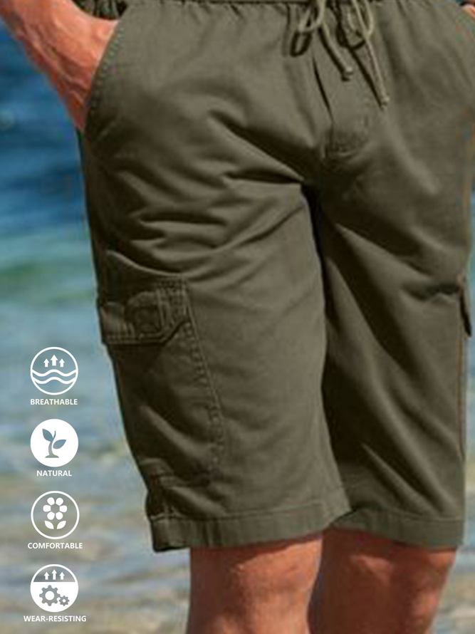 Cotton and Linen Style American Casual Basic Versatile Linen Cargo Shorts