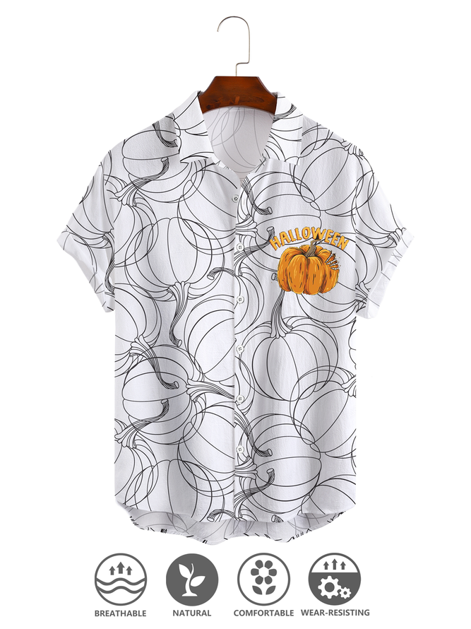 Cotton Linen Style Halloween Print Men's Cotton Linen Short Sleeve Shirt