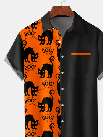 Men's Halloween Elements Cat Graphic Print Short Sleeve Shirt