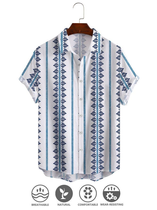 Cotton Linen Style Geometric Ethnic Stripe Print Men's Cotton Linen Short Sleeve Shirt