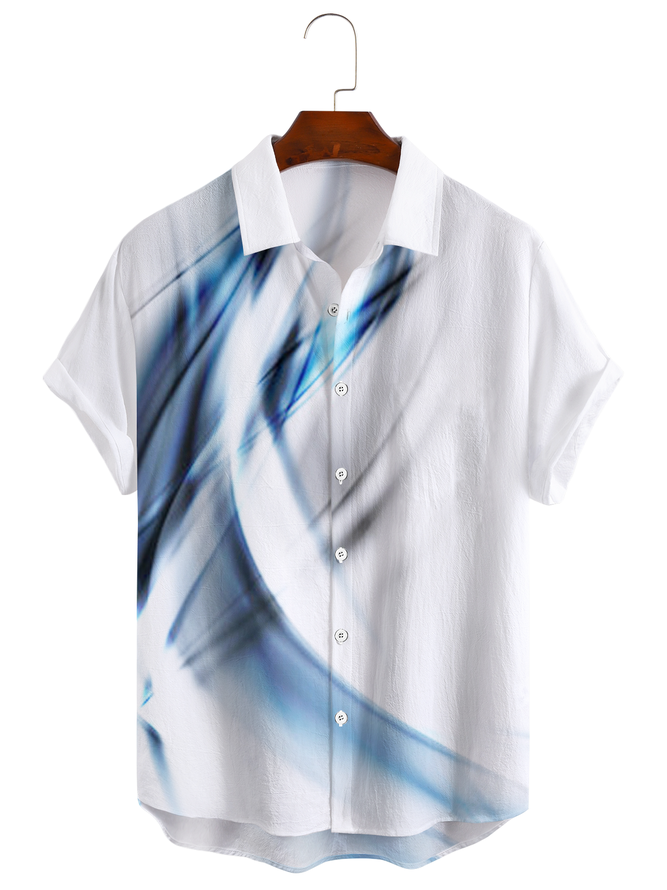 Cotton Linen Style Geometric Abstract Print Men's Cotton Linen Short Sleeve Shirt