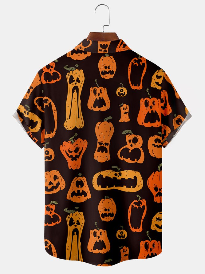 Casual Style Festival Series Halloween Retro Funny Pumpkin Element Pattern Lapel Short-Sleeved Shirt Print Top