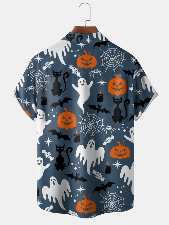 Men's Halloween Elements Cat Pumpkin Graphic Print Short Sleeve Shirt