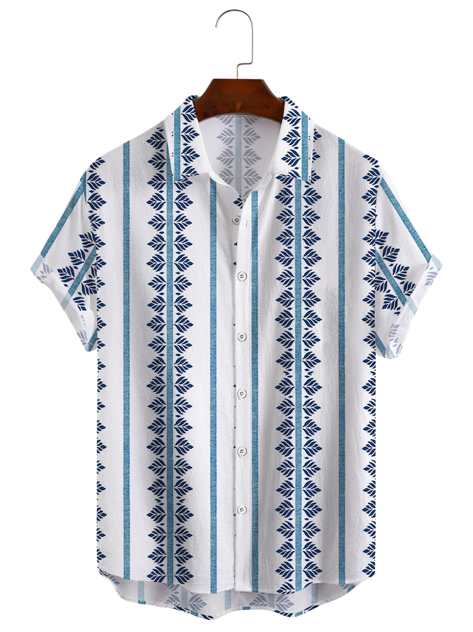 Cotton Linen Style Geometric Ethnic Stripe Print Men's Cotton Linen Short Sleeve Shirt
