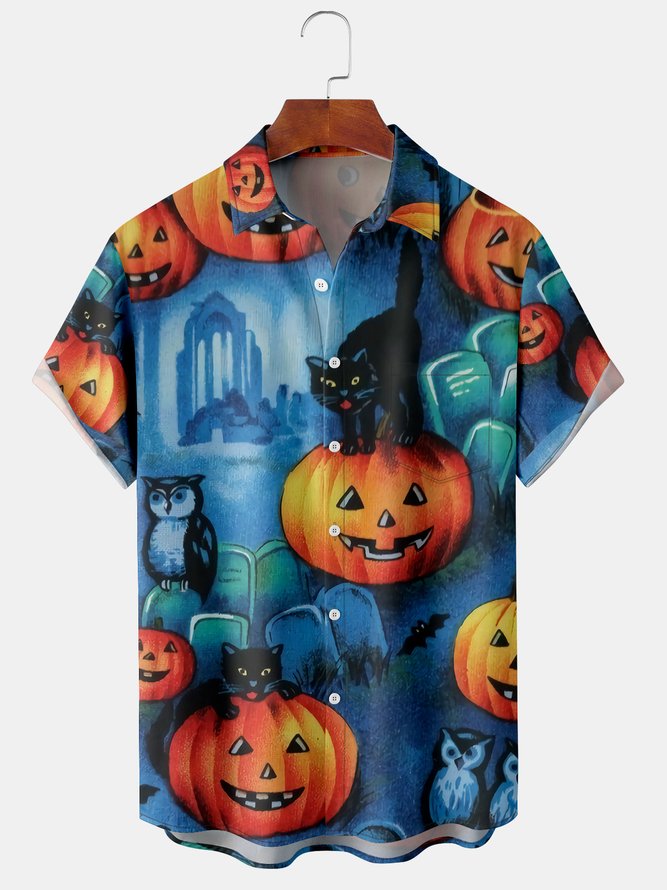 Men's Halloween Print Casual Short Sleeve Shirt with Chest Pocket