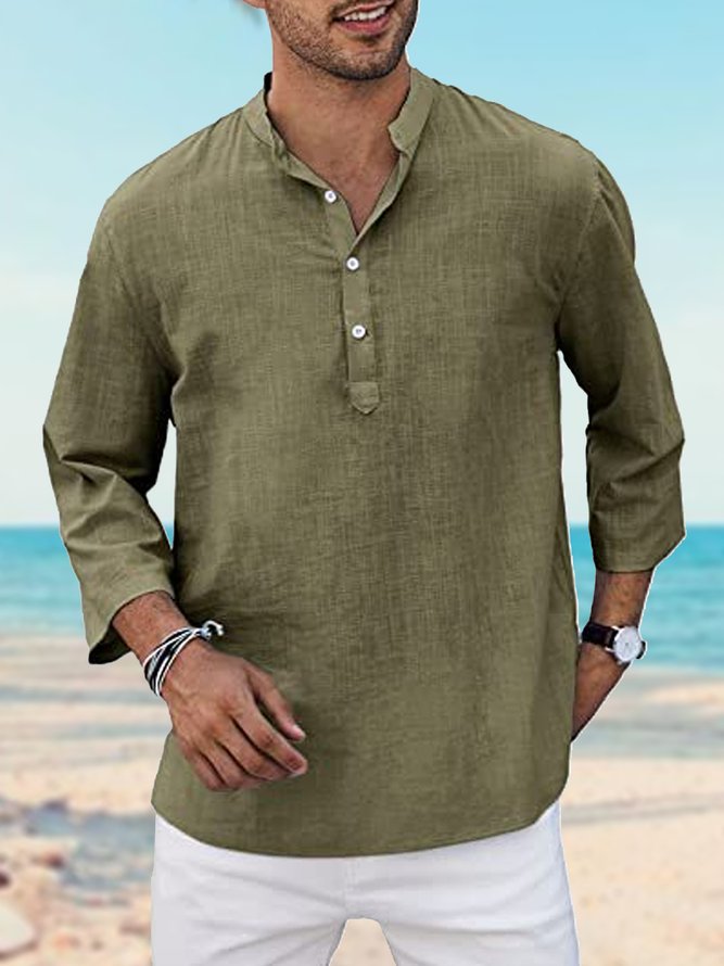 Men's Linen Loose Solid Color Long Sleeve Stand Collar Shirt
