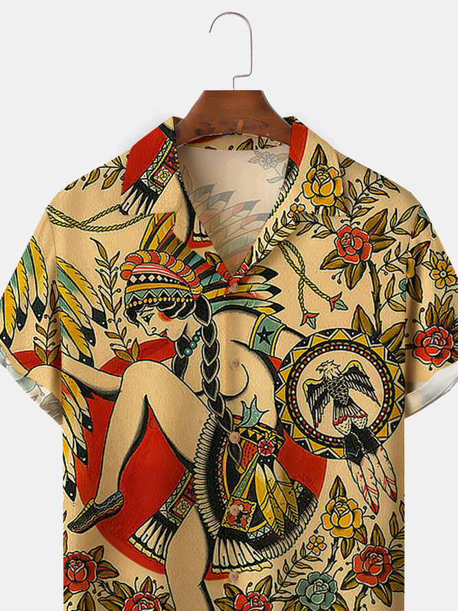 Mens Hawaiian Retro Indian Print Camp Collar Loose Short Sleeve Funky Hawaiian Shirts