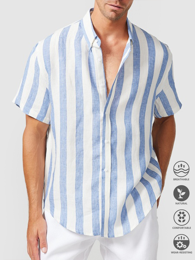 Striped Casual Summer Daily Short sleeve Shawl Collar Cotton-Blend Regular Regular shirts for Men