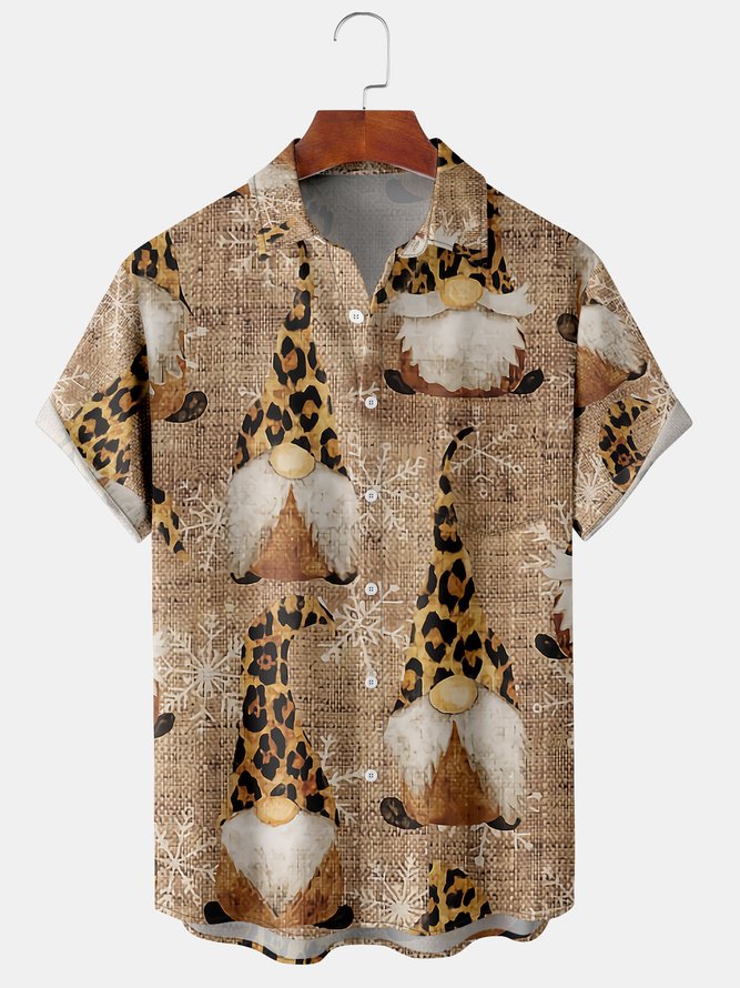 Casual Festive Collection Retro Christmas Gnome Element Pattern Lapel Short Sleeve Shirt Print Top