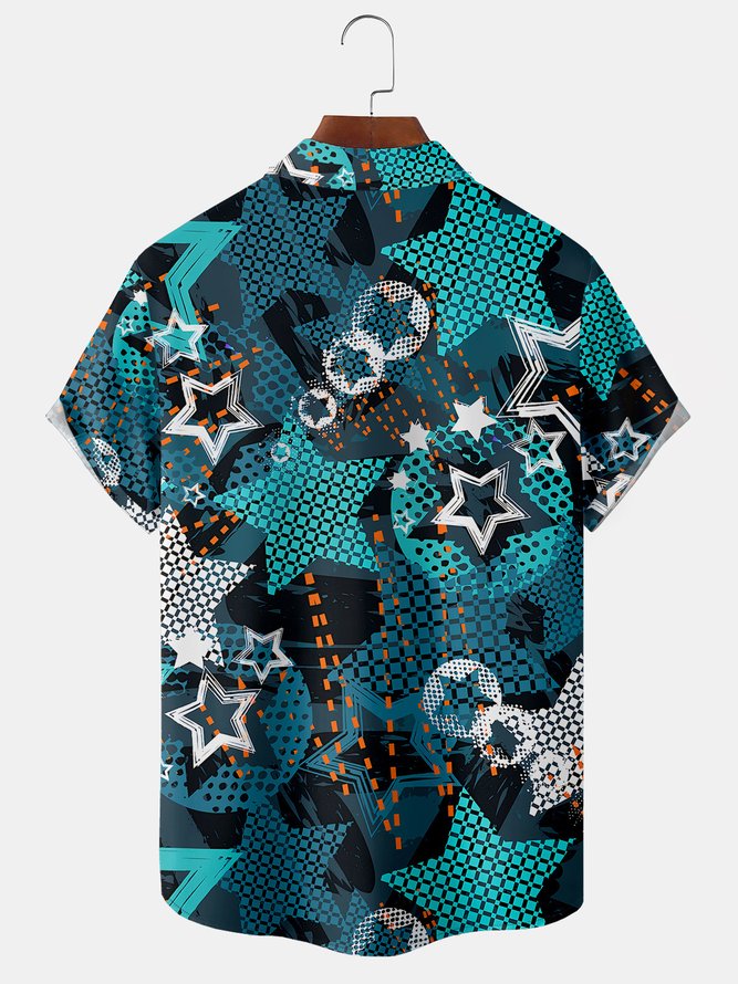 Men Geometric Casual Summer Polyester Lightweight Short sleeve Shawl Collar Regular H-Line shirts