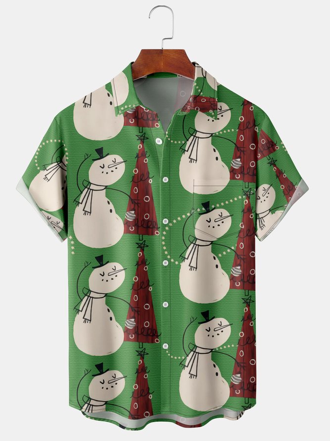 Casual Style Holiday Series Retro Christmas Snowman And Christmas Tree Elements Pattern Lapel Short-Sleeved Shirt Print Top