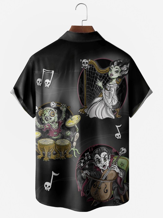 Men's Halloween Witch Music Print Moisture Wicking Fabric Fashion Lapel Short Sleeve Shirts
