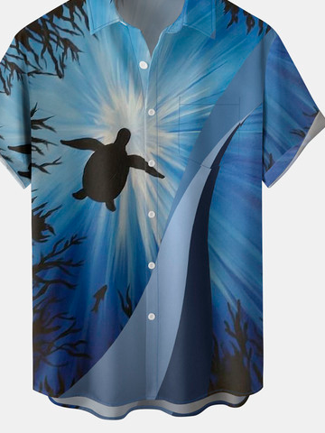 Men's Turtle Print Short Sleeve Hawaiian Shirt with Breast Pocket
