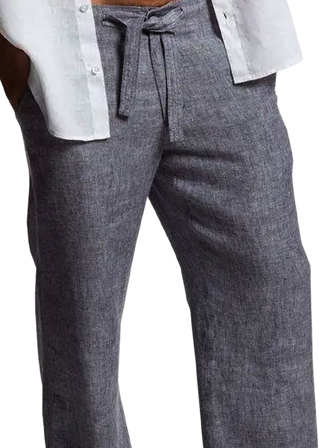 Plain Summer Linen No Elasticity Cotton Long H-Line Regular Regular Size Casual Pants for Men