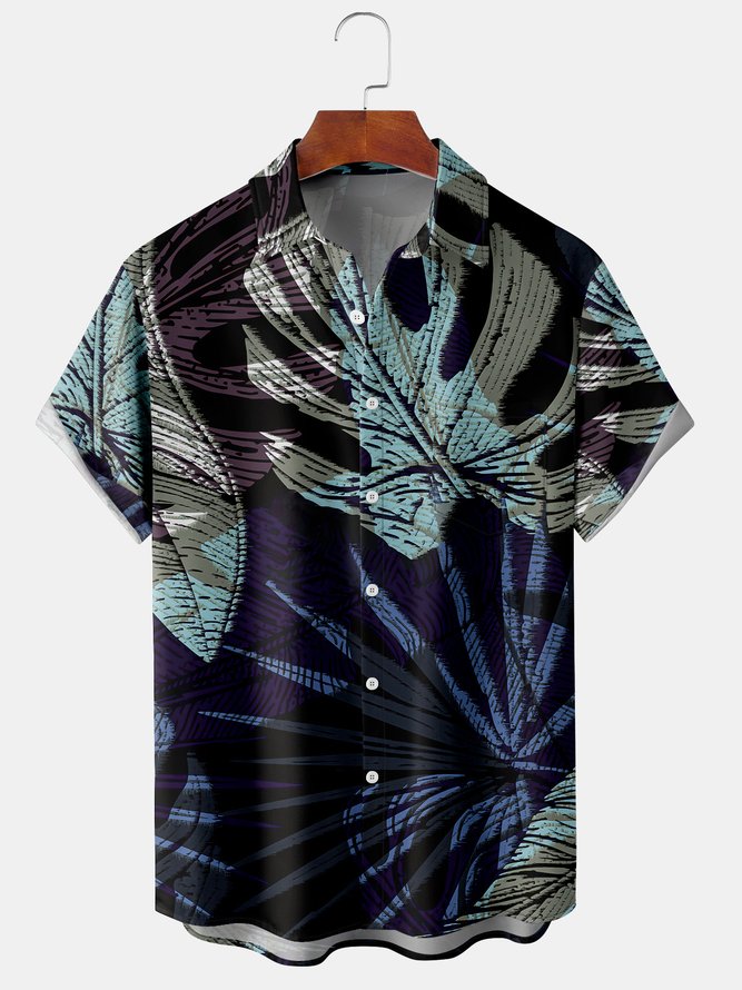 Men's Art Palm Leaf Print Casual Breathable Hawaiian Short Sleeve Shirt