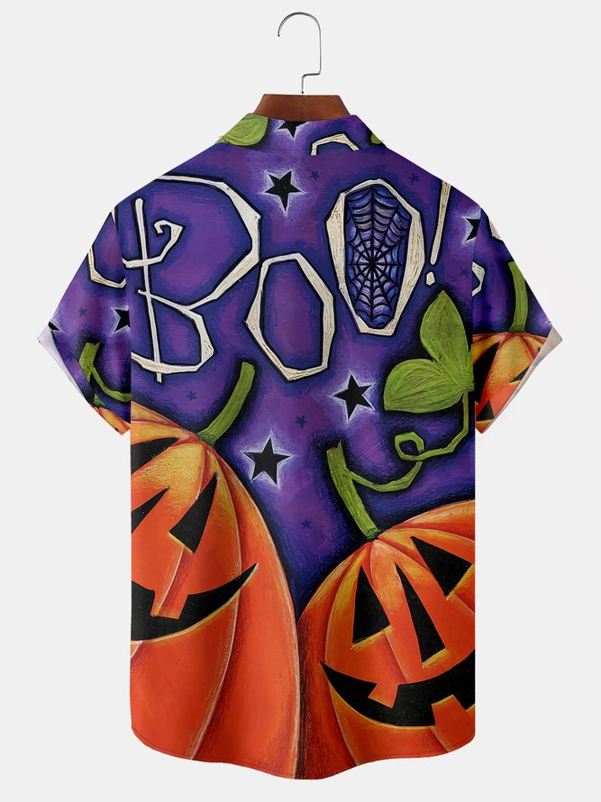 Men's Halloween Pumpkin Print Casual Breathable Hawaiian Short Sleeve Shirt