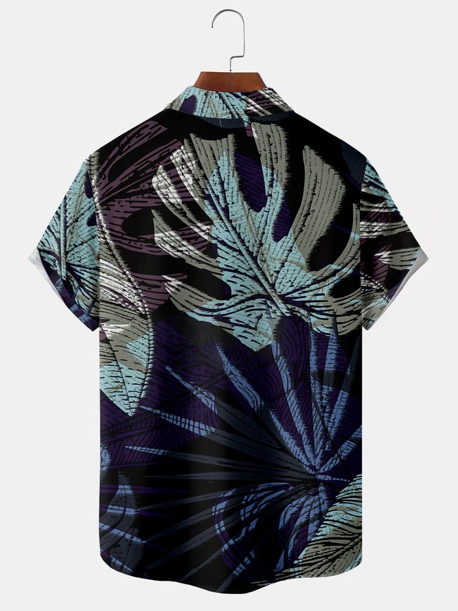 Men's Art Palm Leaf Print Casual Breathable Hawaiian Short Sleeve Shirt