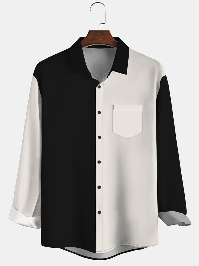 Men's Art Colorblock Casual Long Sleeve Hawaiian Shirt with Chest Pocket