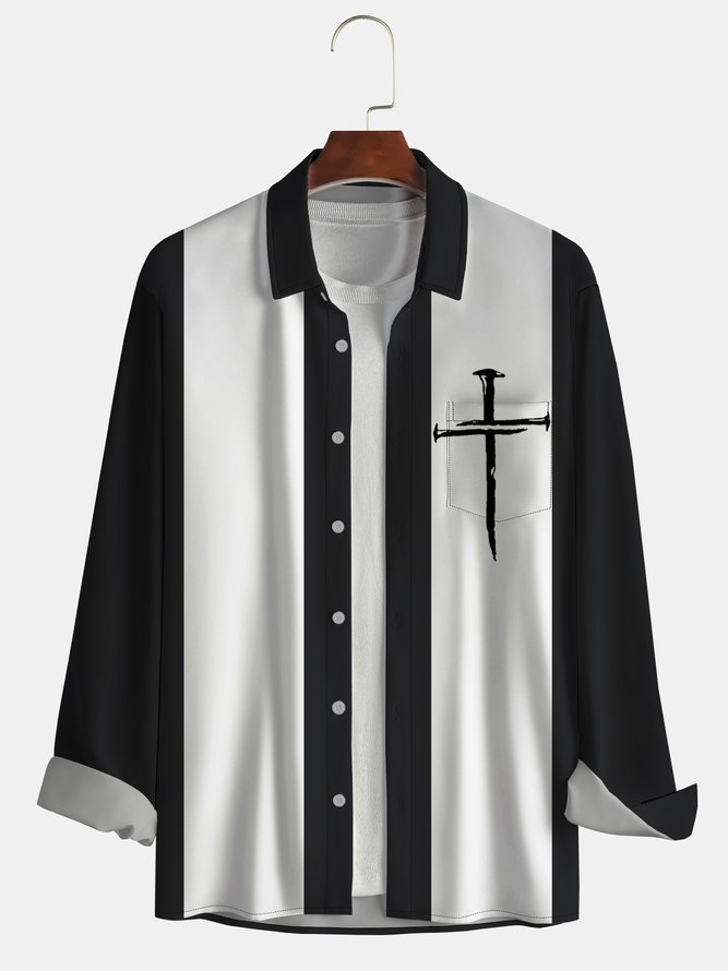 Mens Saint Cross Print Front Buttons Soft Breathable Chest Pocket Casual Bowling Shirts