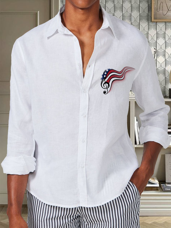 Cotton and linen net color based on the American flag style leisure long-sleeved shirt
