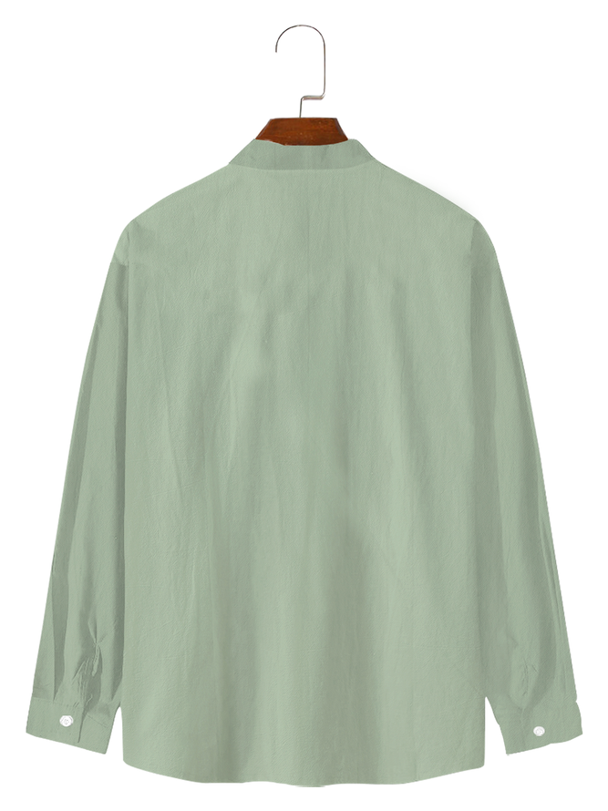 Cotton and linen style net color based leisure coconut long sleeve shirts