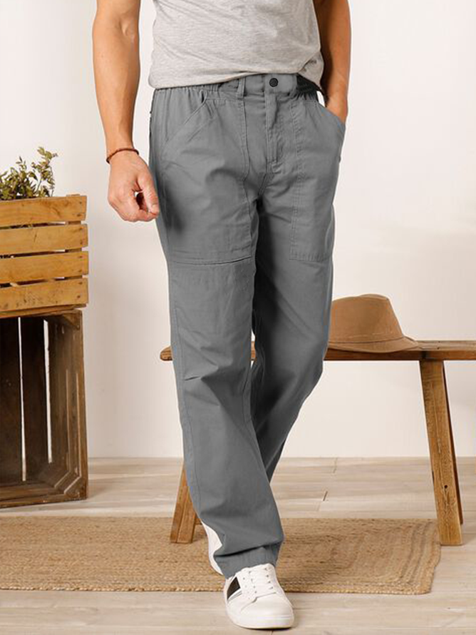 Men Casual Plain Autumn No Elasticity Regular Fit Cotton Long H-Line Regular Size Casual Pants