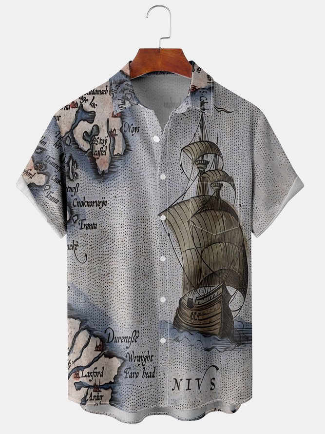 Men Map Winter Hawaii Polyester Printing Lightweight Micro-Elasticity Buttons H-Line shirts