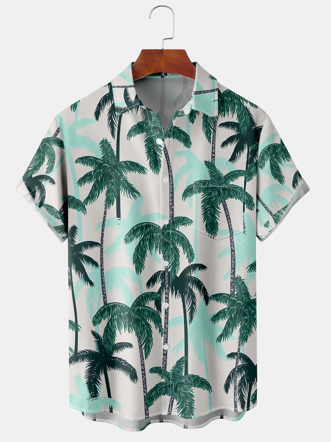 Men Casual Summer Coconut Tree Polyester Daily Regular Fit Short sleeve Regular Shirt Collar shirts