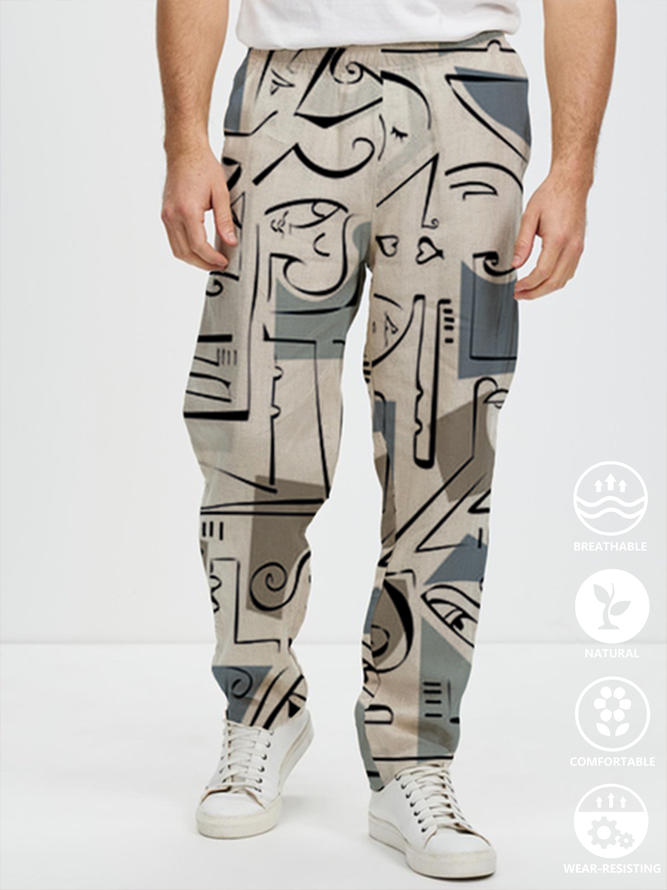 Cotton and linen based geometric abstraction printing style leisure trousers