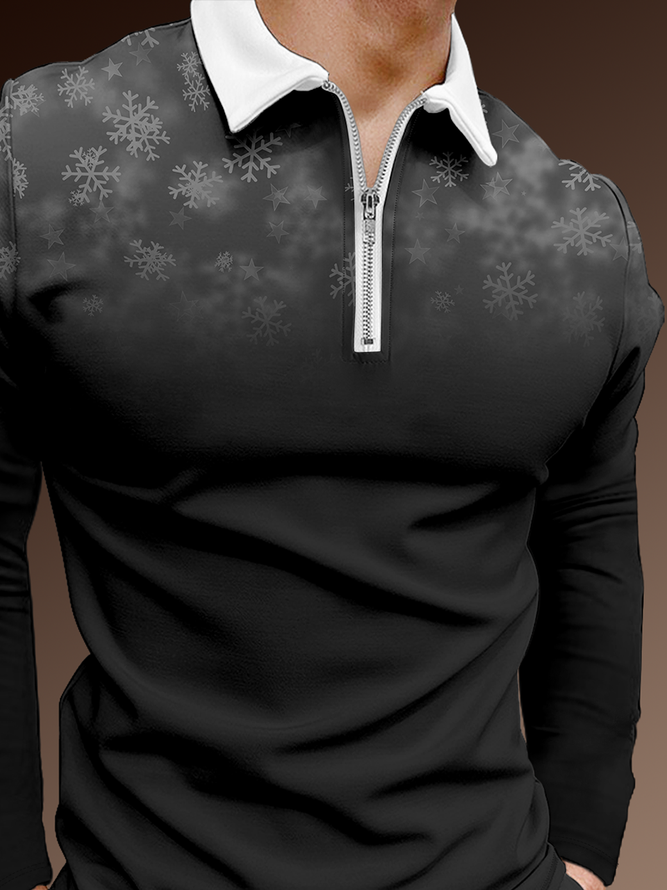 Casual Festive Collection Gradient Snowflake Element Pattern Lapel Long Sleeve Polo Print Top