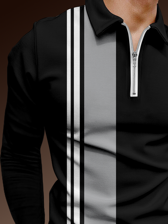 Mens Casual Geometric Stripes Lapel Long Sleeve Polo Shirt 
