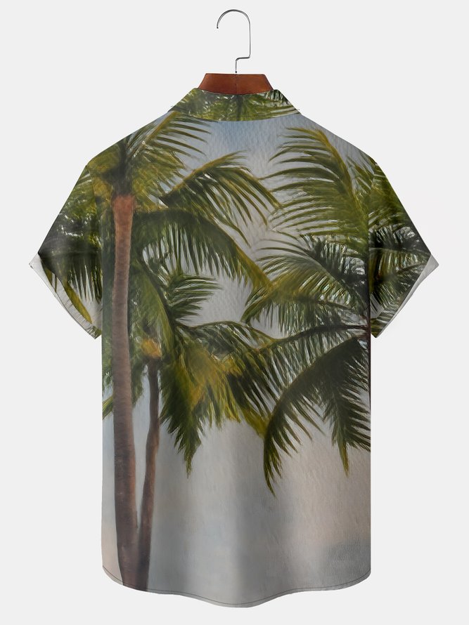 Men's Casual Coconut Print Front Button Soft Breathable Chest Pocket Casual Hawaiian Shirt