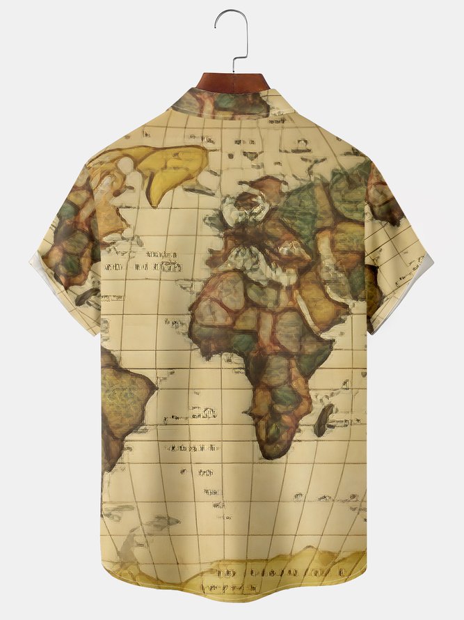 Men's Casual Map Print Front Button Soft Breathable Chest Pocket Casual Hawaiian Shirt