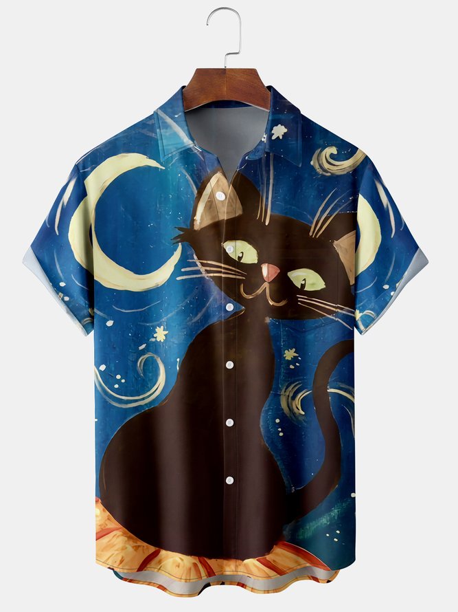 Men Casual Summer Cat Polyester Micro-Elasticity Short sleeve Regular H-Line Shirt Collar shirts