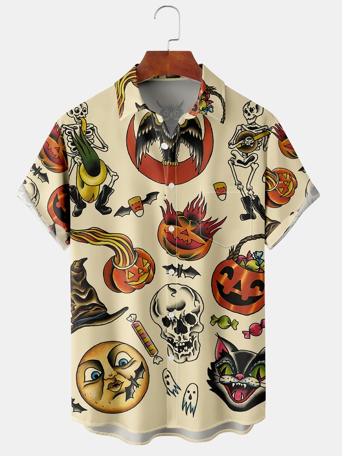 Men Casual Summer Halloween Polyester Micro-Elasticity Regular Fit Short sleeve H-Line Shirt Collar shirts