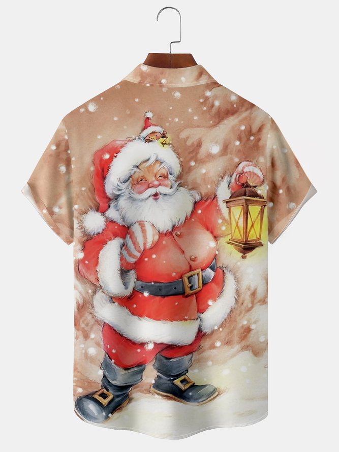 Men's Casual Santa Print Short Sleeve Hawaiian Shirt with Chest Pocket