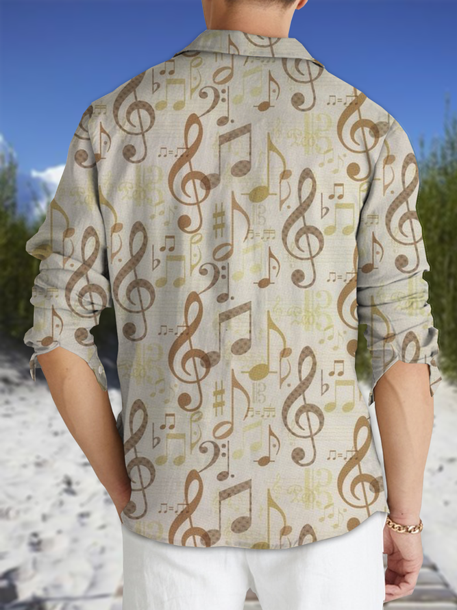 Cotton and linen style music symbols printed comfortable flax long sleeve shirts