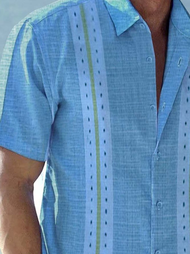 Mens Cotton Linen Striped Casual Short Sleeve Shirt